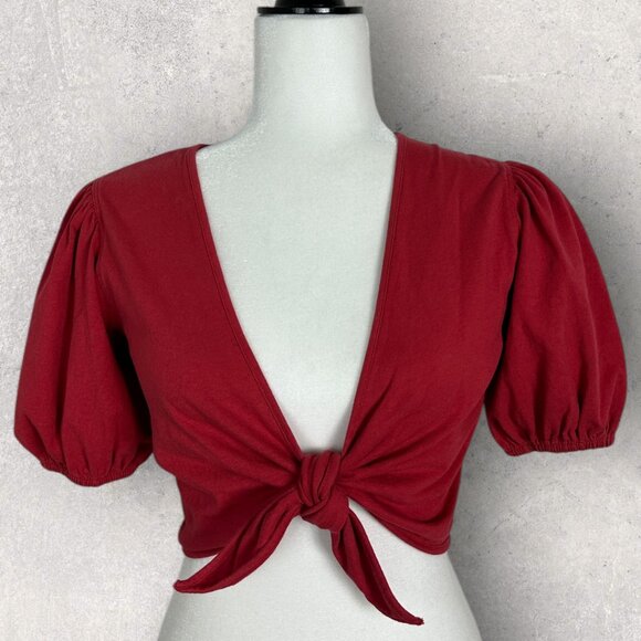 Aritzia Red Puff Sleeve Tie Front Crop‎ Top Womens Size Medium Sunday Best 77868 - Picture 4 of 15